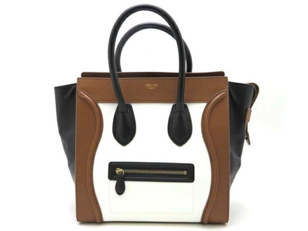 Celine Luggage Tote Shopper Tote Bag Calfskin Black White Brown
